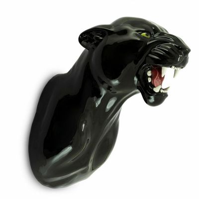 Leopard Black Head Hanging Large Ceramic Sculpture Hand Painted Italy New