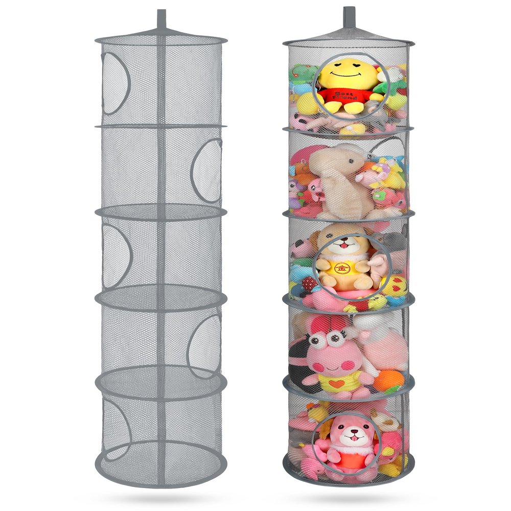 2Pcs Hanging Mesh Space Saver Bags Organizer, Foldable Storage Organizer 5 Compartments Toy Storage Organizer for Kid Room Toys, Gloves,Hats,Socks Storage #Grey
