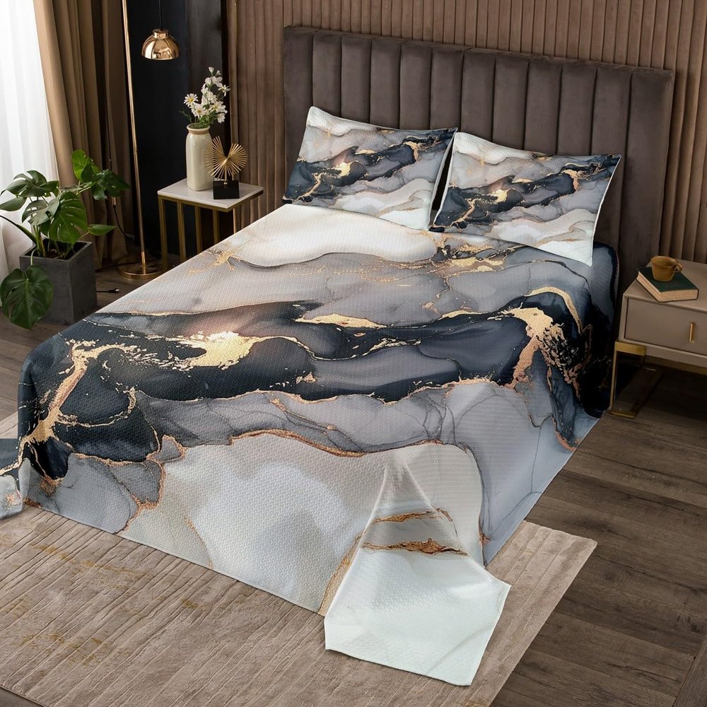 Black Marble Bedspreads Queen,Black and Grey Marble Coverlet Set Men Teens Boys Modern Gray Orange Abstract Art Tie Dye Quilt Set Gothic White Gold Marble Bedding Set Soft Durable