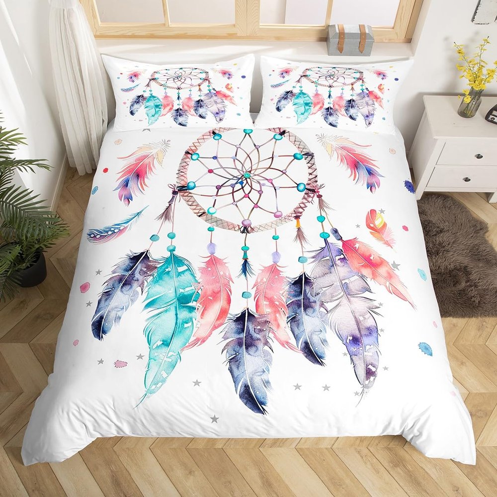 Feelyou Dreamcatcher Duvet Cover Boho Dream Catcher Bedding Set Bohemian Style Comforter Cover for Girls Children Women Bedroom Decor Floral Flowers Hippie Feather Bedspread Cover King Size 3Pcs