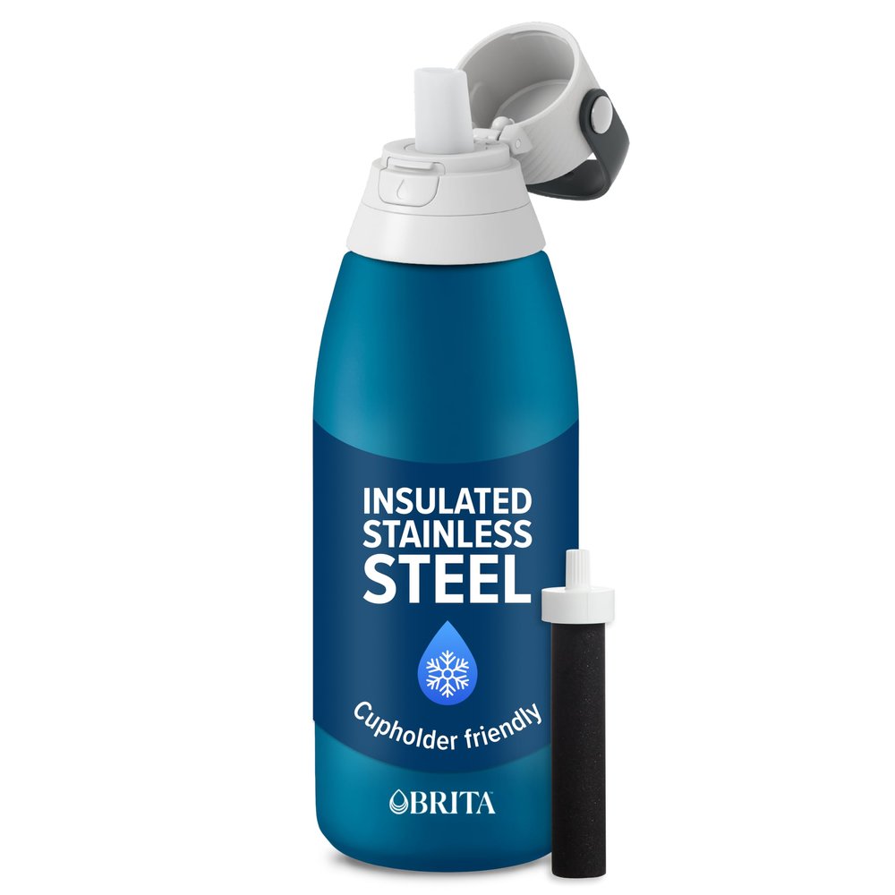Brita Stainless Steel Premium Filtering Water Bottle, BPA-Free, Reusable, Insulated, Replaces 300 Plastic Water Bottles, Filter Lasts 2 Months or 40 Gallons, Includes 1 Filter, Marina - 32 oz