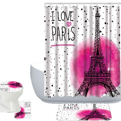 Amagical Paris Eiffel Tower Love Paris Polka Dot Pattern 4 Piece Bathroom Mat Set Shower Curtain Set Bath Mat Contour Mat Toilet Cover Waterproof Shower Curtain with 12 Hooks