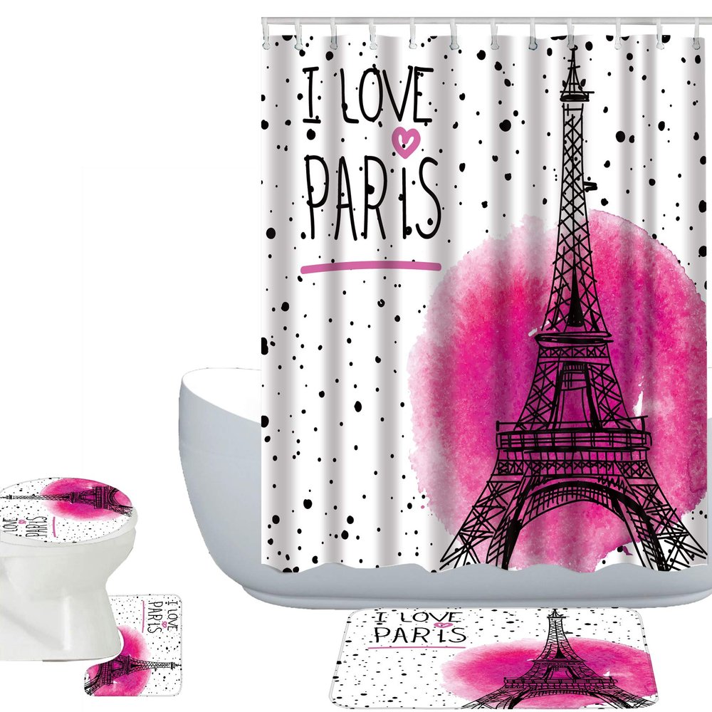 Amagical Paris Eiffel Tower Love Paris Polka Dot Pattern 4 Piece Bathroom Mat Set Shower Curtain Set Bath Mat Contour Mat Toilet Cover Waterproof Shower Curtain with 12 Hooks