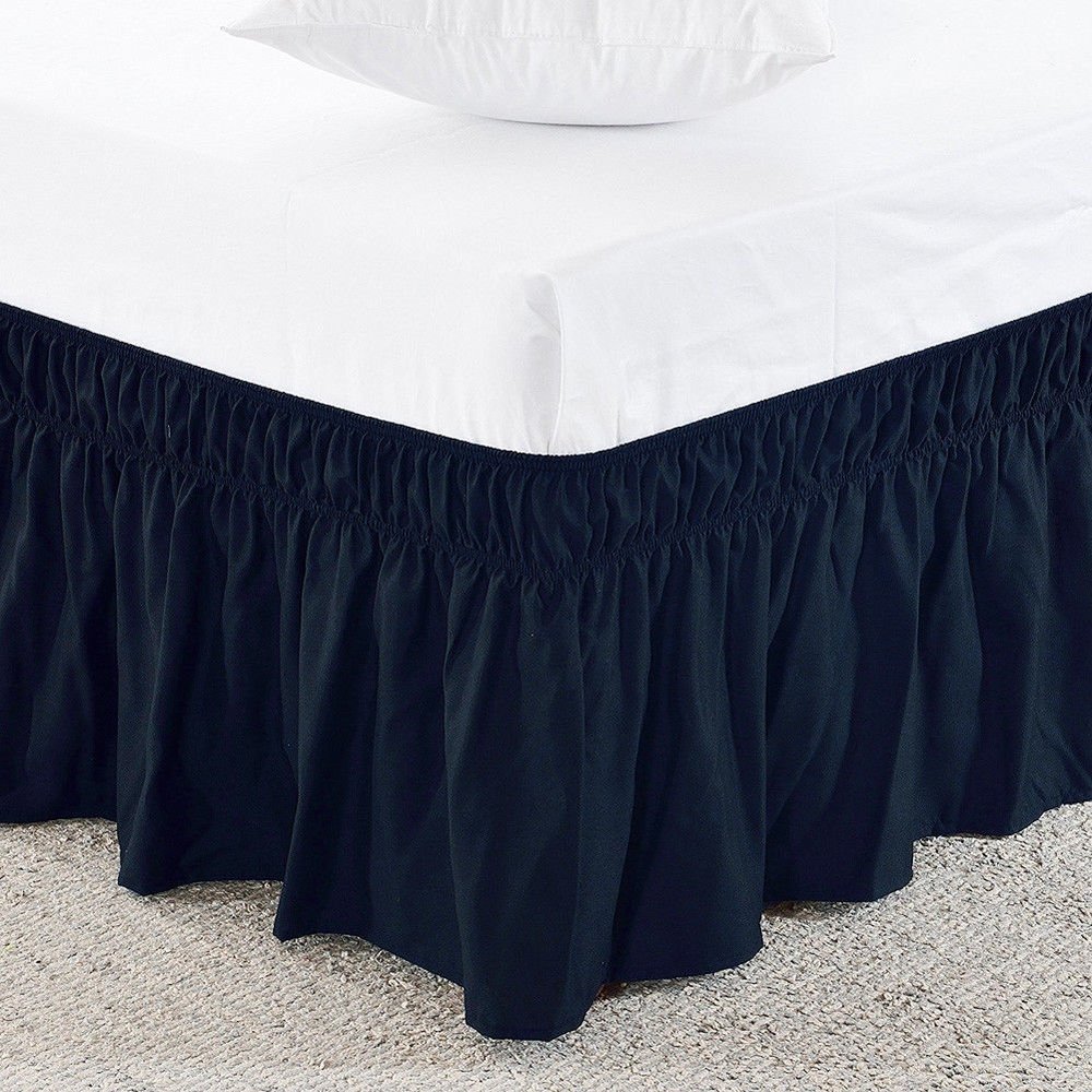 Amuze Bedding Eay Fit Elastic Wrap Around Ruffled Bed Skirt Recron 600 Thread Count(Navy Blue, Queen XL, Drop Length 14 Inches)
