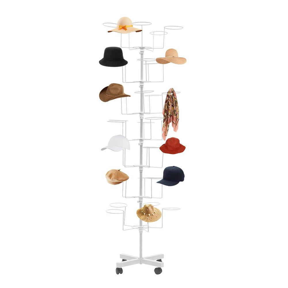 DIFU DENESTUS Hat Clothes Racks with 7 Tier 35 Metal Displayer and Coat Hooks for Store or Home Storage Adjustable Rotating Height Stand Organizer Space Saver (White Coat Stand)