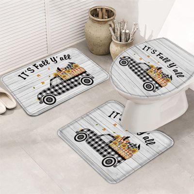BABE MAPS Thanksgiving 3 Piece Bathroom Rug Set Non Slip Bath Rug Toilet Contour Mat Lid Cover Machine Washable & Non Slip Bath Rugs for Bathroom, Tub, Shower Pumpkin Truck It's Fall Y'all Plank