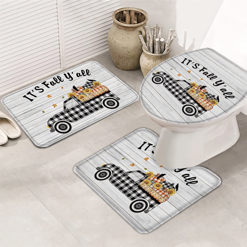 BABE MAPS Thanksgiving 3 Piece Bathroom Rug Set Non Slip Bath Rug Toilet Contour Mat Lid Cover Machine Washable & Non Slip Bath Rugs for Bathroom, Tub, Shower Pumpkin Truck It's Fall Y'all Plank