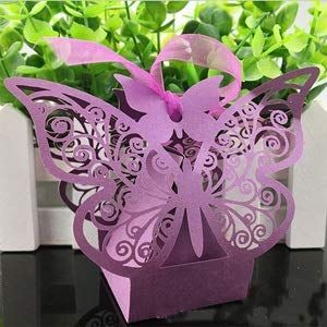 HABADOG 10Pcs/Set Butterfly Laser Cut Hollow Carriage Favors Box Gifts Candy Boxes with Ribbon Baby Shower Wedding Event Party Supplies (Color : Purple, Gift Box Size : 80X45X80mm)