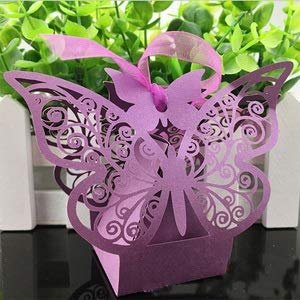 HABADOG 10Pcs/Set Butterfly Laser Cut Hollow Carriage Favors Box Gifts Candy Boxes with Ribbon Baby Shower Wedding Event Party Supplies (Color : Purple, Gift Box Size : 80X45X80mm)