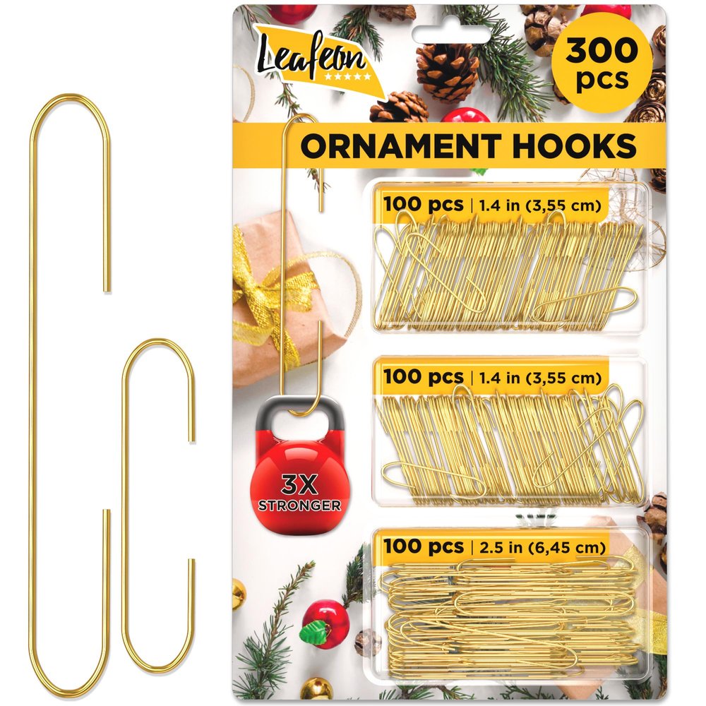 Leafeon Pack Christmas Ornament Hooks - Ornament Hanger for Christmas - Essential Hooks for Ornament Hangers (300 pcs Gold)