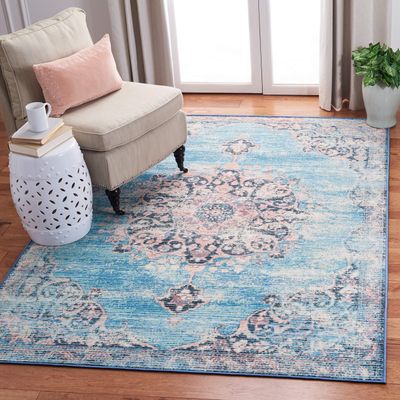 SAFAVIEH Washable Rug Journey Collection - Large - 7'9" x 10', Turquoise & Pink, Slip Resistant & Easy Cleaning, Ideal for Living Room, Bedroom, Dining Space (JNY152M)