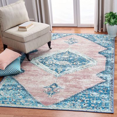 SAFAVIEH Washable Rug Journey Collection - Large - 7'9" x 10', Blue & Pink, Slip Resistant & Easy Cleaning, Ideal for Living Room, Bedroom, Dining Space (JNY147M)