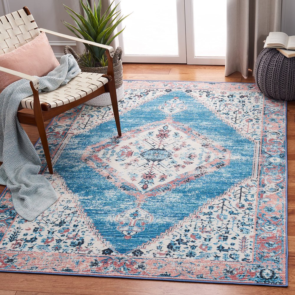 SAFAVIEH Washable Rug Journey Collection - Large - 7'9" x 10', Ivory & Blue, Slip Resistant & Easy Cleaning, Ideal for Living Room, Bedroom, Dining Space (JNY149A)