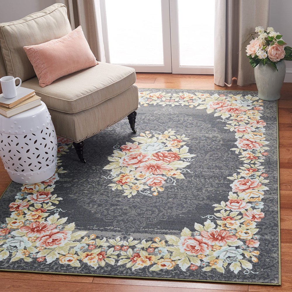 SAFAVIEH Washable Rug Journey Collection - Large - 7'9" x 10', Grey & Pink, Slip Resistant & Easy Cleaning, Ideal for Living Room, Bedroom, Dining Space (JNY125F)