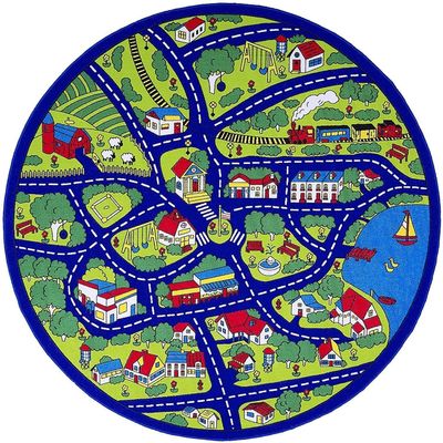 champion rugs Kids/Baby Room/Daycare/Classroom/Playroom Kids Race CAR Tracks Driving Fun City Town MAP Non-Slip Blue Area Rug - Have Fun and Play Safely (8 Feet X 8 Feet Round)