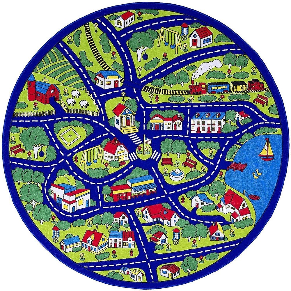 champion rugs Kids/Baby Room/Daycare/Classroom/Playroom Kids Race CAR Tracks Driving Fun City Town MAP Non-Slip Blue Area Rug - Have Fun and Play Safely (8 Feet X 8 Feet Round)