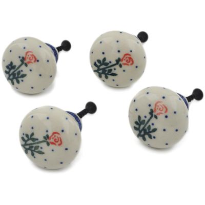 Polmedia Polish Pottery Set of 4 Drawer Pull Knobs 1-1/2 inch - Single Rose Pattern Handmade in Boleslawiec Poland by Ceramika Artystyczna + Certificate of Authenticity