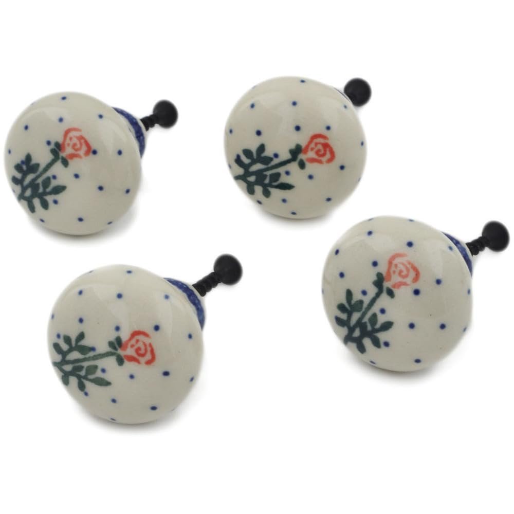 Polmedia Polish Pottery Set of 4 Drawer Pull Knobs 1-1/2 inch - Single Rose Pattern Handmade in Boleslawiec Poland by Ceramika Artystyczna + Certificate of Authenticity