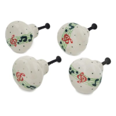 Polmedia Polish Pottery Set of 4 Drawer Pull Knobs 1-1/2 inch - Musical Dance Pattern Handmade in Boleslawiec Poland by Ceramika Artystyczna + Certificate of Authenticity