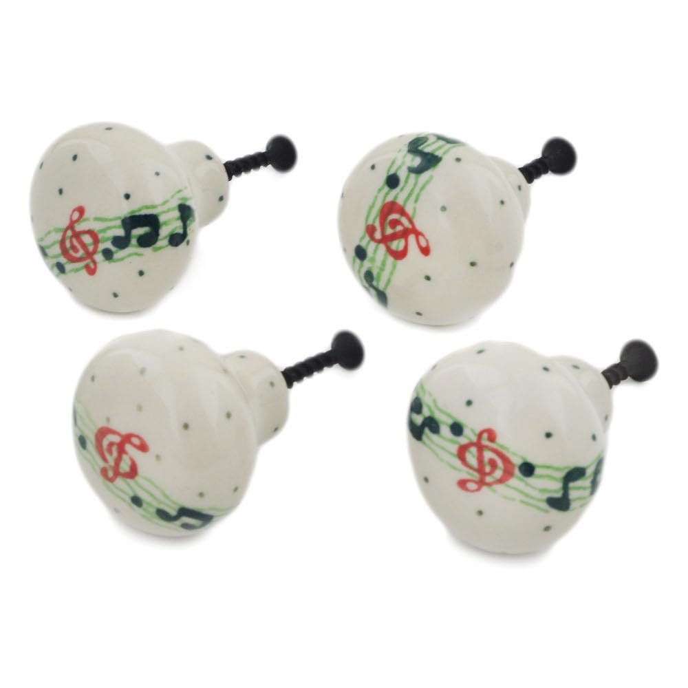Polmedia Polish Pottery Set of 4 Drawer Pull Knobs 1-1/2 inch - Musical Dance Pattern Handmade in Boleslawiec Poland by Ceramika Artystyczna + Certificate of Authenticity