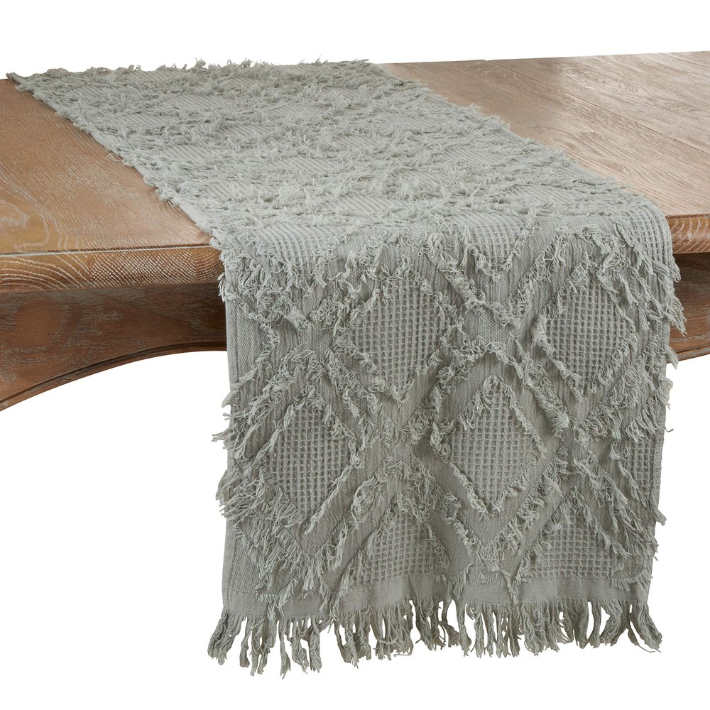 SARO LIFESTYLE Ivoryline Collection Fringe Waffle Weave Table Runner, 16" x 72", Blue-Grey