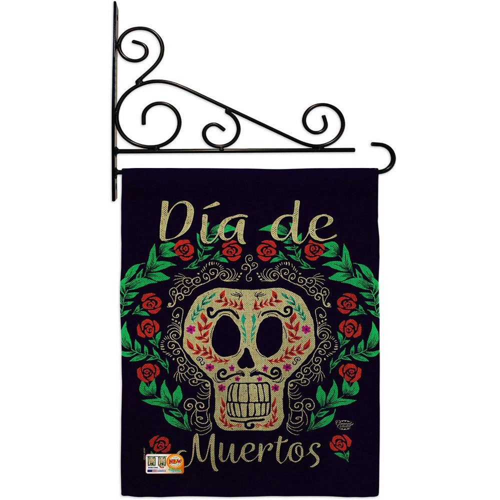 Dia de Muertos Skeleton Garden Flag - Set Wall Holder Fall Day of Dead Los Fiesta Mexican Party Autumntime - House Decoration Banner Small Yard Gift Double-Sided Made In USA 13 X 18.5