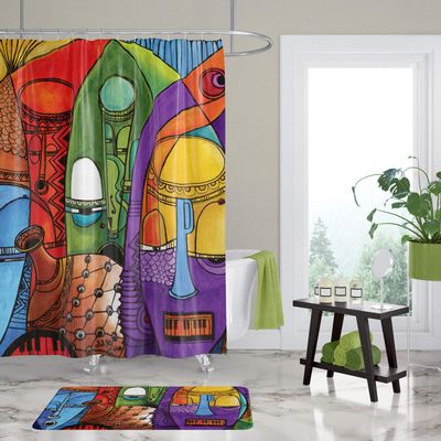 African American Expressions Shower Curtain with Hooks - Jazz Masks, 71" x 71"