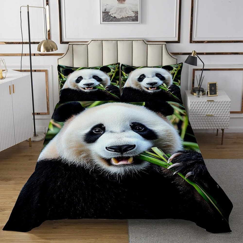 Erosebridal 3D Panda Quilted Coverlet Twin Size Cute Panda Bedspread Leaves Coverlet Set Black White Bear Quilt for Kids Boys Girls Teens for Bedroom Decorative, Trendy Bedspread