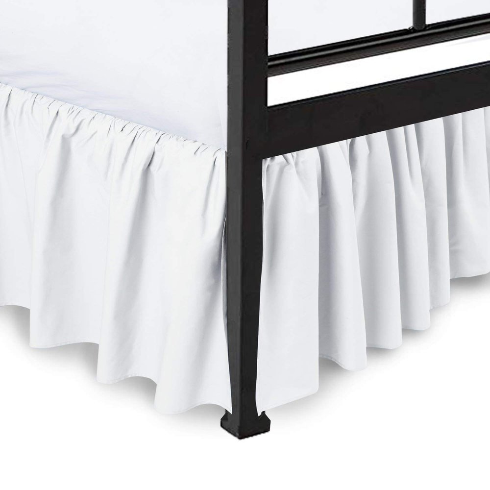 Ras Decor Linen Dust Ruffle with Split Corner Ruffled Gatherd Bed Skirt with Platform Three Sided Coverage - White, Queen BedSkirt, Easy Fit up to 15" Drop, 100% Microfiber Bed Skirts (White Queen)