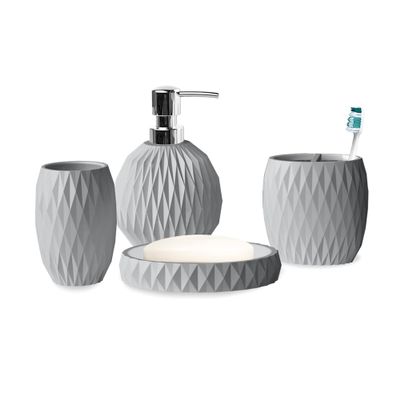 Grey Resin Bath Accessory Set for Vanity Countertops, 4 Piece Luxury Ensemble Dish, Toothbrush Holder, Tumbler, soap and Lotion Pump, Grey Resin