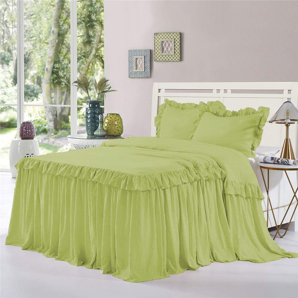 Bedding Empire 30" Drop 3 Piece Double Ruffle Bed Skirt/Bed Cover with Pillowsham 100% Egyptian Cotton 500 TC Sage Twin XL Size