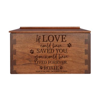 LifeSong Milestones Wooden Cremation Urn for Pets Medium Cherry Dovetail Memorial Keepsake Box for Dogs and Cats, Personalized with Engraved, Name, Date and Poem Set B (If Love Could Have 2)