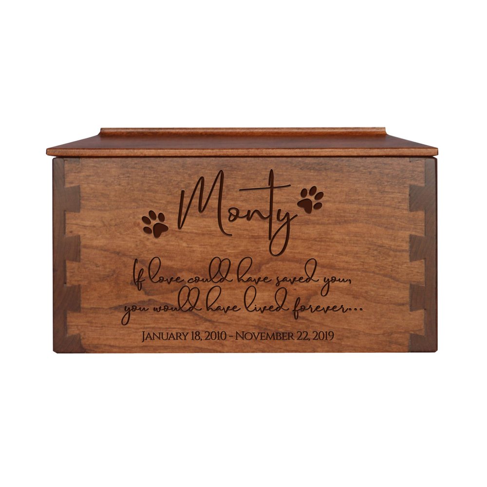 LifeSong Milestones Personalized Dovetail Cherry Wood Pet Cremation Urn for Ashes Medium Custom Engraved Memorial Keepsake Box 162 cu.in for Dog Cat Ashes Burial Sympathy Gift