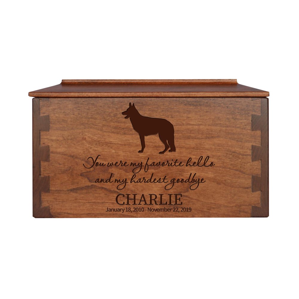 LifeSong Milestones Wooden Cremation Urn for Pets Medium Cherry Dovetail Memorial Keepsake Box for Dogs and Cats, Personalized with Engraved, Name, Date and Poem Set E (You were My Favorite 2)