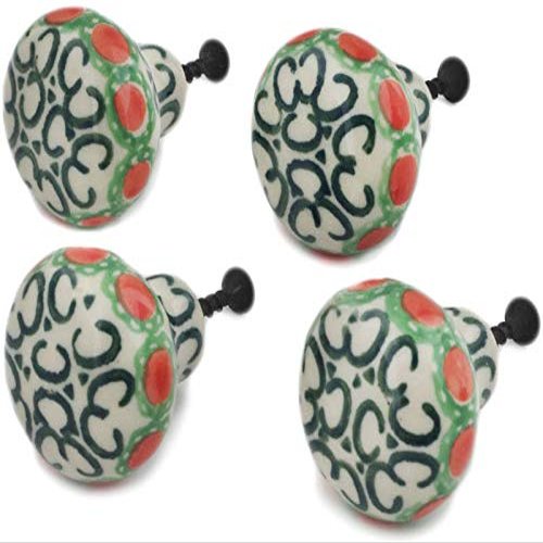 Polmedia Polish Pottery Set of 4 Drawer Pull Knobs 1-1/2 inch - Indian Trail Pattern Handmade in Boleslawiec Poland by Ceramika Artystyczna + Certificate of Authenticity