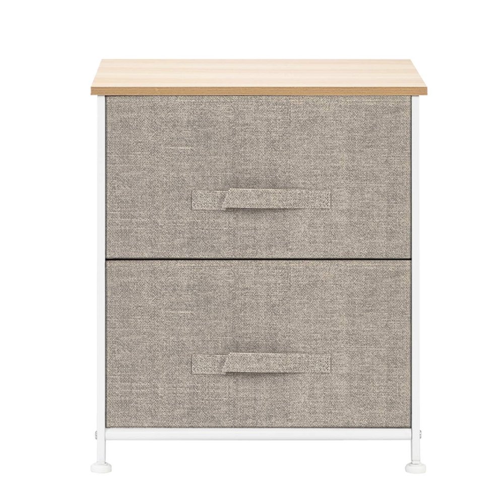 2 Drawers -Night Stand, End Table Storage Tower - Sturdy Steel Frame, Wood Top, Easy Pull Fabric Bins - Organizer Unit - Textured Print, Linen/Natural Simple Storage Stand Organizer MITPATY