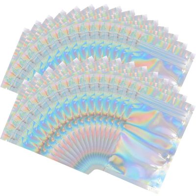 100 Pieces Resealable Smell Proof Bags Foil Pouch Bag Flat Bag for Party Favor Food Storage (Holographic Color, 7 x 9 Inch)