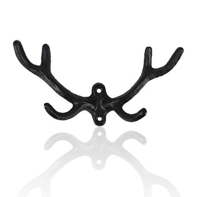 30GO Vintage Cast Iron Deer Antlers Wall Hooks Antler Decorative Hanger | Includes Screws and Anchors (Black)