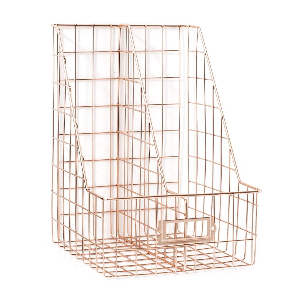 Magazine Holder, Wrought Iron Double Grid File Holder Magazine Storage Rack Metal Newspaper Holder Magazine File Storage Desktop Book Storage Rack Bookshelf Organizer Shelf for Office Home Decor