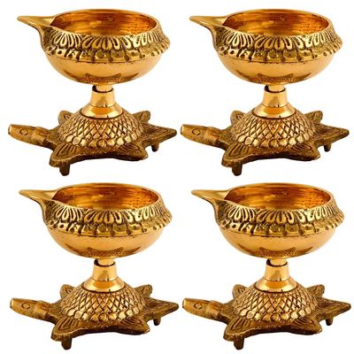 8 X Handmade Brass Kuber Diya with Turtle Base Engraved Design Diyas Pooja Gold I Religious Diya