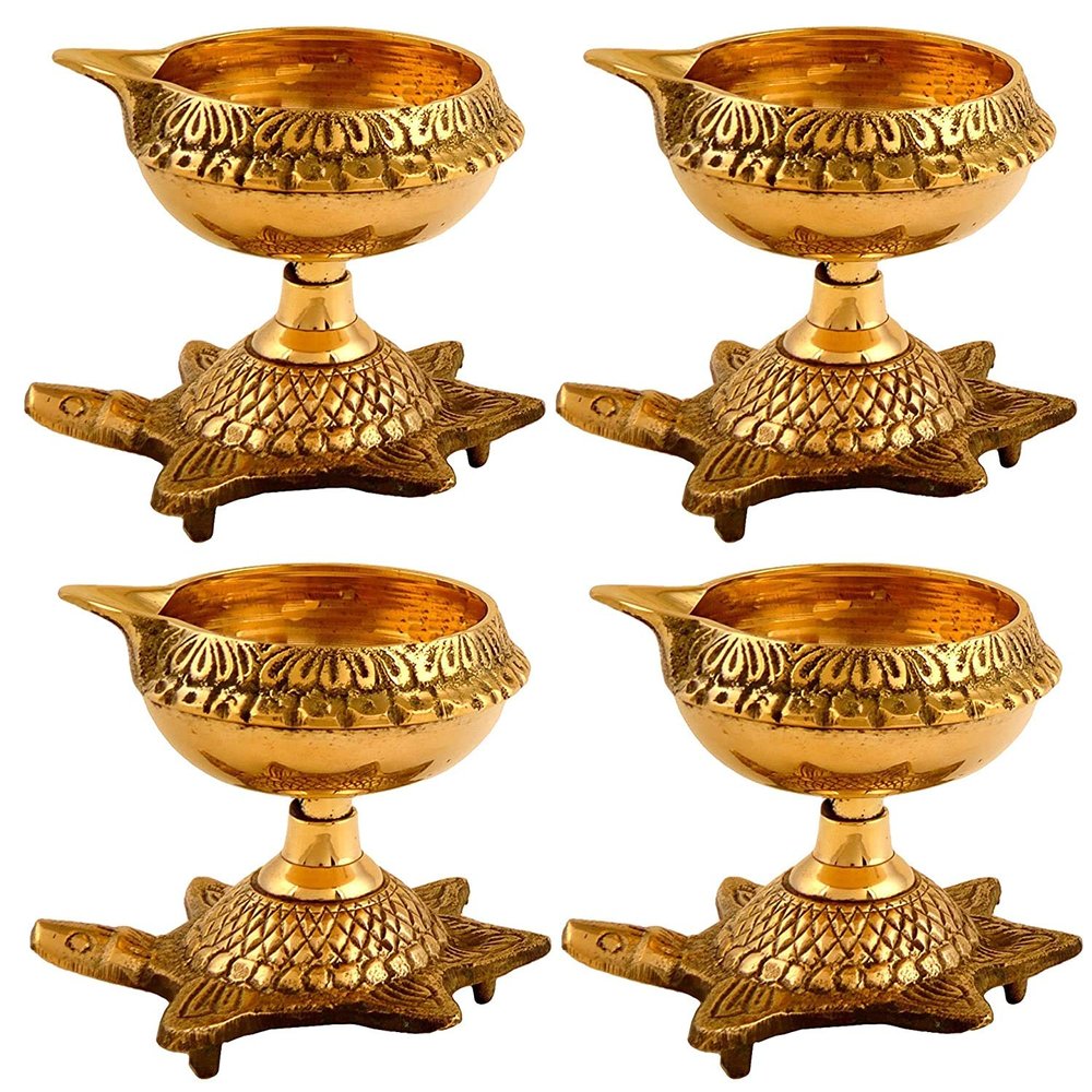 8 X Handmade Brass Kuber Diya with Turtle Base Engraved Design Diyas Pooja Gold I Religious Diya