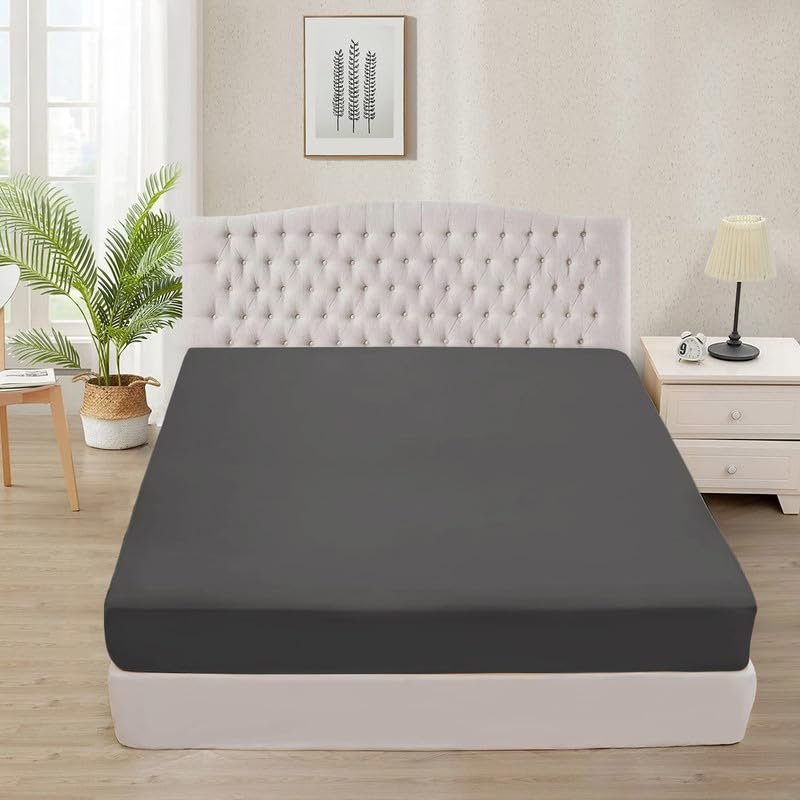 Tula Linen 1 Piece Luxury Hotel Quality Fully Elastic Fitted Sheet/Bottom Sheet Queen Size Fits 14-15" Deep Pocket 100% Egyptian Cotton 700 Thread Count Solid Pattern Premium Quality Color Grey
