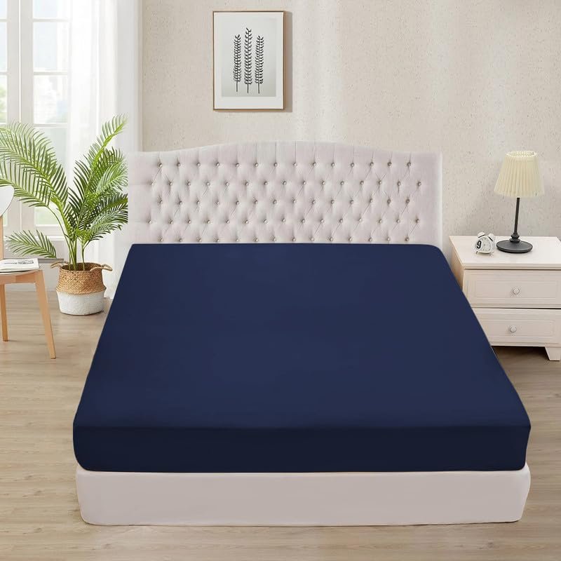 Tula Linen 1 Piece Luxury Hotel Quality Fully Elastic Fitted Sheet/Bottom Sheet Queen Size Fits 14-15" Deep Pocket 100% Egyptian Cotton 700 Thread Count Solid Pattern Premium Quality Color Navy Blue