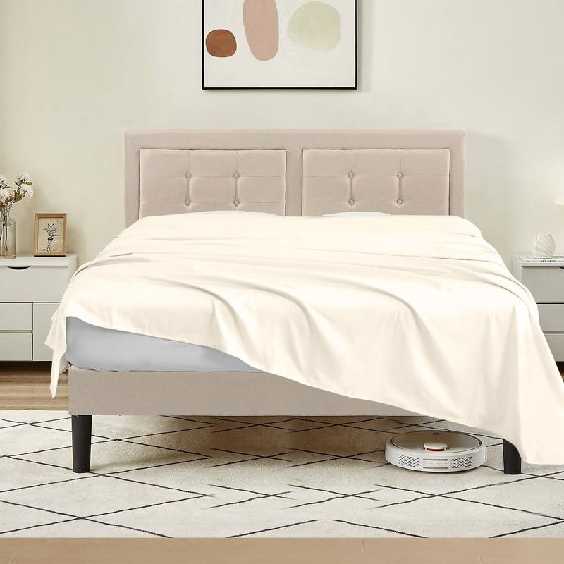 Tula Linen 1 Piece Luxury Hotel Quality Flat Sheet/Top Sheet Queen Size 100% Egyptian Cotton 700 Thread Count Solid Pattern Premium Quality Color Ivory