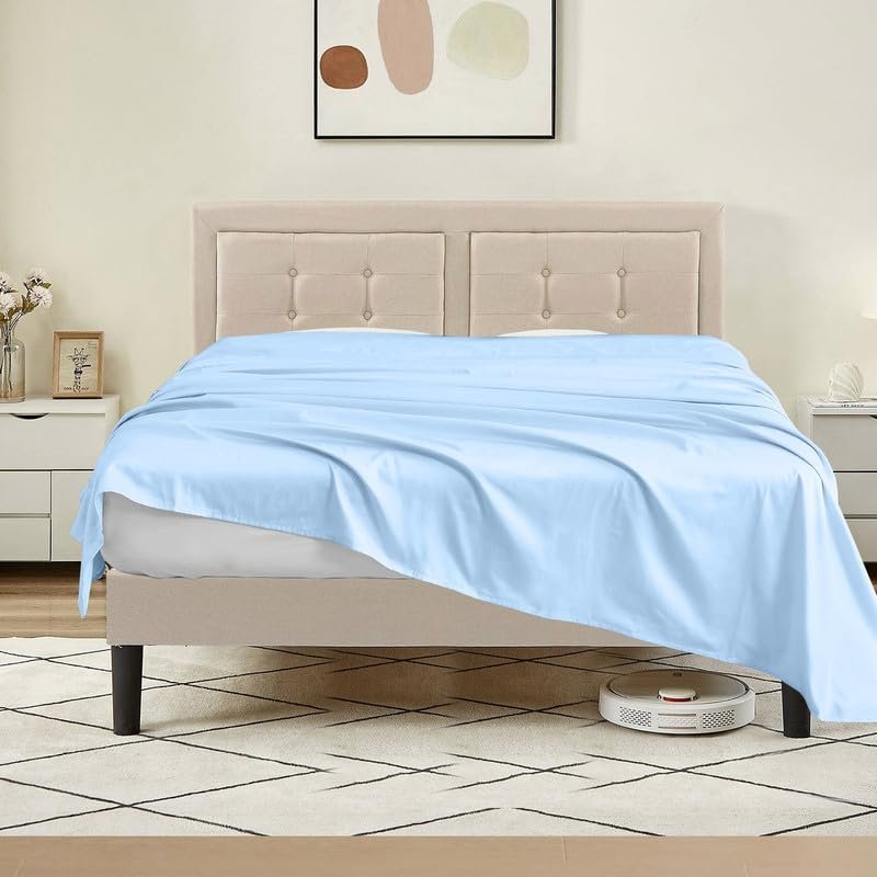 Tula Linen 1 Piece Luxury Hotel Quality Flat Sheet/Top Sheet Queen Size 100% Egyptian Cotton 700 Thread Count Solid Pattern Premium Quality Color Light Blue
