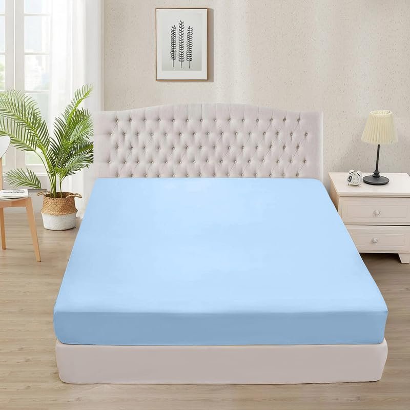 Tula Linen 1 Piece Luxury Hotel Quality Fully Elastic Fitted Sheet/Bottom Sheet Queen Size Fits 14-15" Deep Pocket 100% Egyptian Cotton 700 Thread Count Solid Pattern Premium Quality Color Light Blue