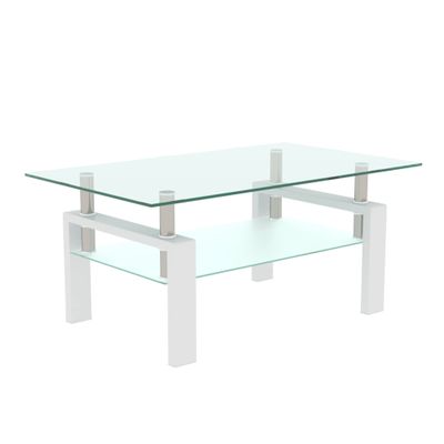 39.4'' Rectangle Glass Coffee Table, White Coffee Table with Tempered Glass & Metal Legs, 2-Tier Modern Center Table with Storage Shelf, Clear Glass Coffee Tables for Living Room, Apartment, Office
