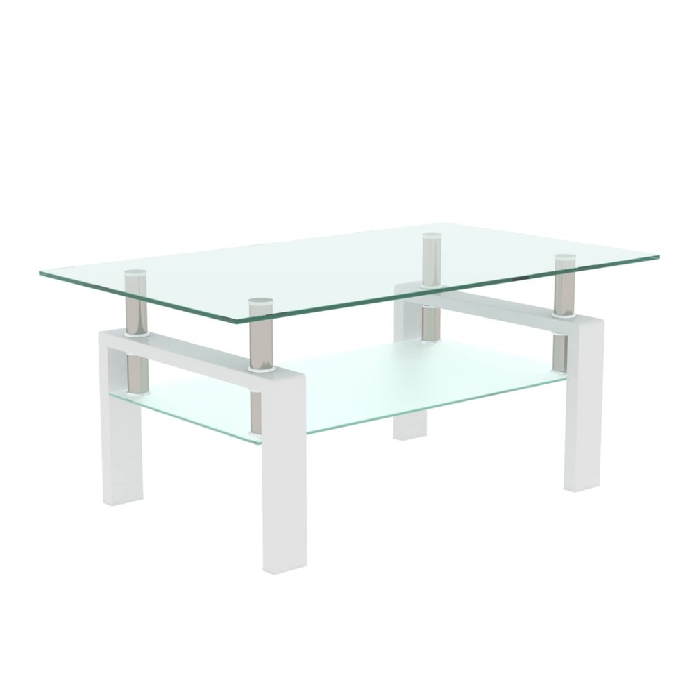 39.4'' Rectangle Glass Coffee Table, White Coffee Table with Tempered Glass & Metal Legs, 2-Tier Modern Center Table with Storage Shelf, Clear Glass Coffee Tables for Living Room, Apartment, Office