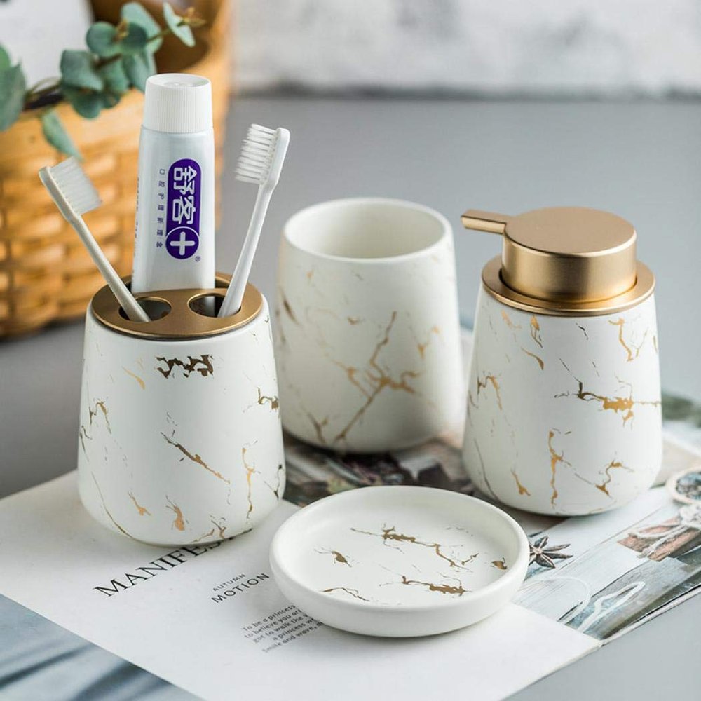3 Piece Painted Ceramics Creative Bathroom Accessories Set Durable Includes Lotion Dispenser Toothbrush Holder Soap Dish Ideas Home Gift for Ware Home Decor (Matte whitefour piece)