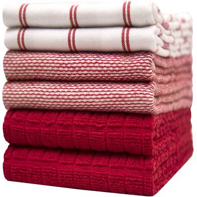 Premium Kitchen Towels (20x 28, 6 Pack) | Large Cotton Dish Towels | Flat & Terry Highly Absorbent Kitchen Linen Set with Hanging Loop | Red Check